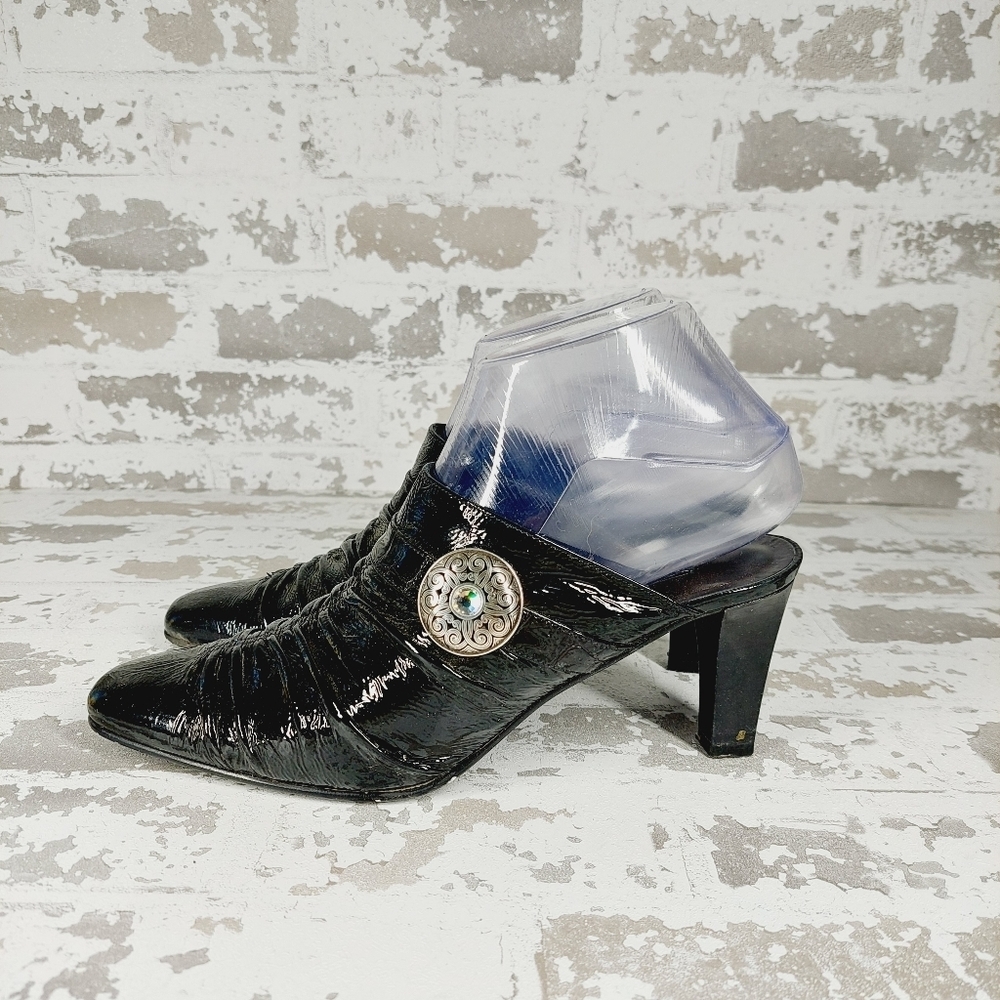 Brighton Women's Rubens Black Mule Crinkle Patent Bling Heels F617